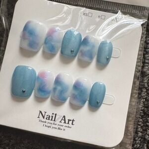 Press On Nails Blue Watercolor Sparkle Gem Square False Nail Art Set‎